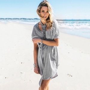 Oversized Shirttail Hem Tie Waist Shirt Dress Heather Grey